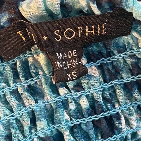 Smocked Midi Dress Sz M Blue Swirl Square Neck Puff sleeve Sleeve Tash + Sophie - Picture 6 of 8